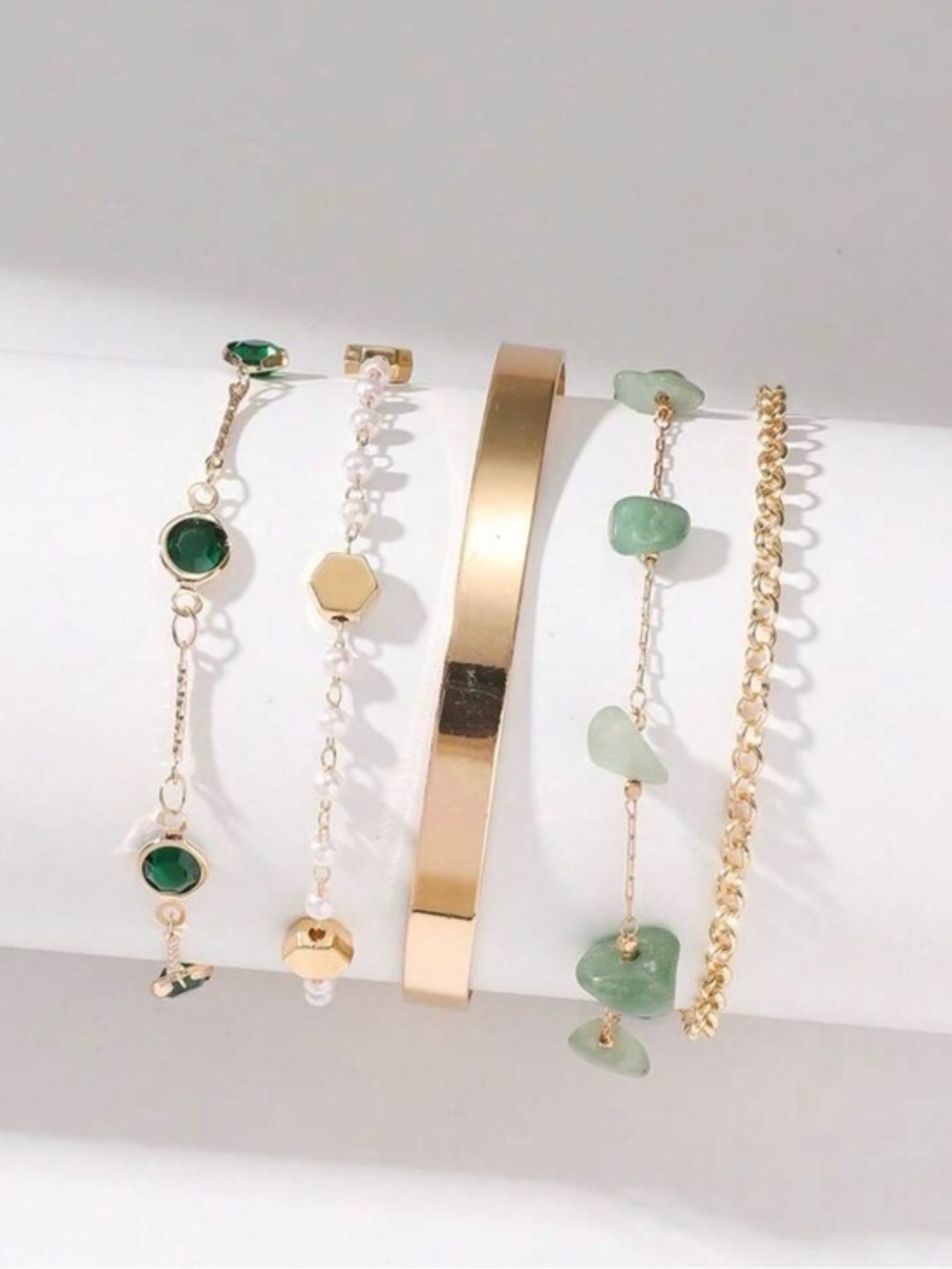 Gold and Green Layered Bracelet Set - Women Jewelry
